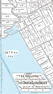 Land map of "The Willows," circa 1887. A portion of the Kirk property is shown in blue. Note the size of the acreage they held in relation to other parcels in the area.
