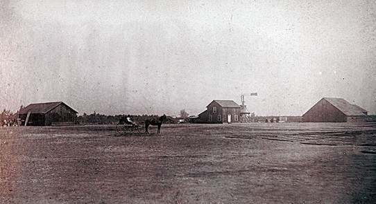 The Kirk homestead and barn around 1860