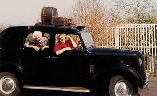 Dorothy and a friend take a ride in her London Taxi cab
